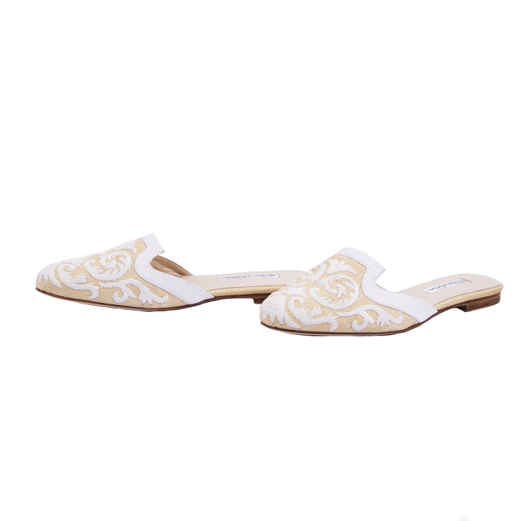 Pre Owned Oscar De Renta Beige And White Embroidered Raffia Calista Slippers Size 37