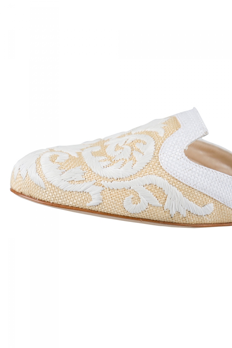 Pre Owned Oscar De Renta Beige And White Embroidered Raffia Calista Slippers Size 37