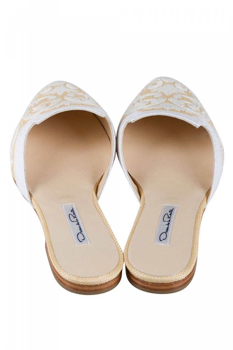 Pre Owned Oscar De Renta Beige And White Embroidered Raffia Calista Slippers Size 37