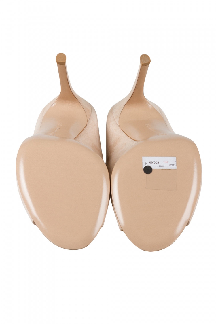 Pre Owned Gianvito Rossi Beige Suede Cobalt Peep-Toe Mules Size 36.5