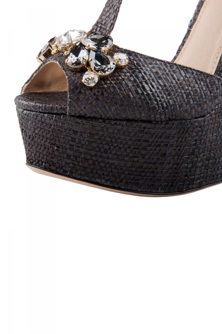 Pre Owned Dolce & Gabbana Black Crystal Embellished Raffia T Strap Wedge Peep Toe Sandals Size 36