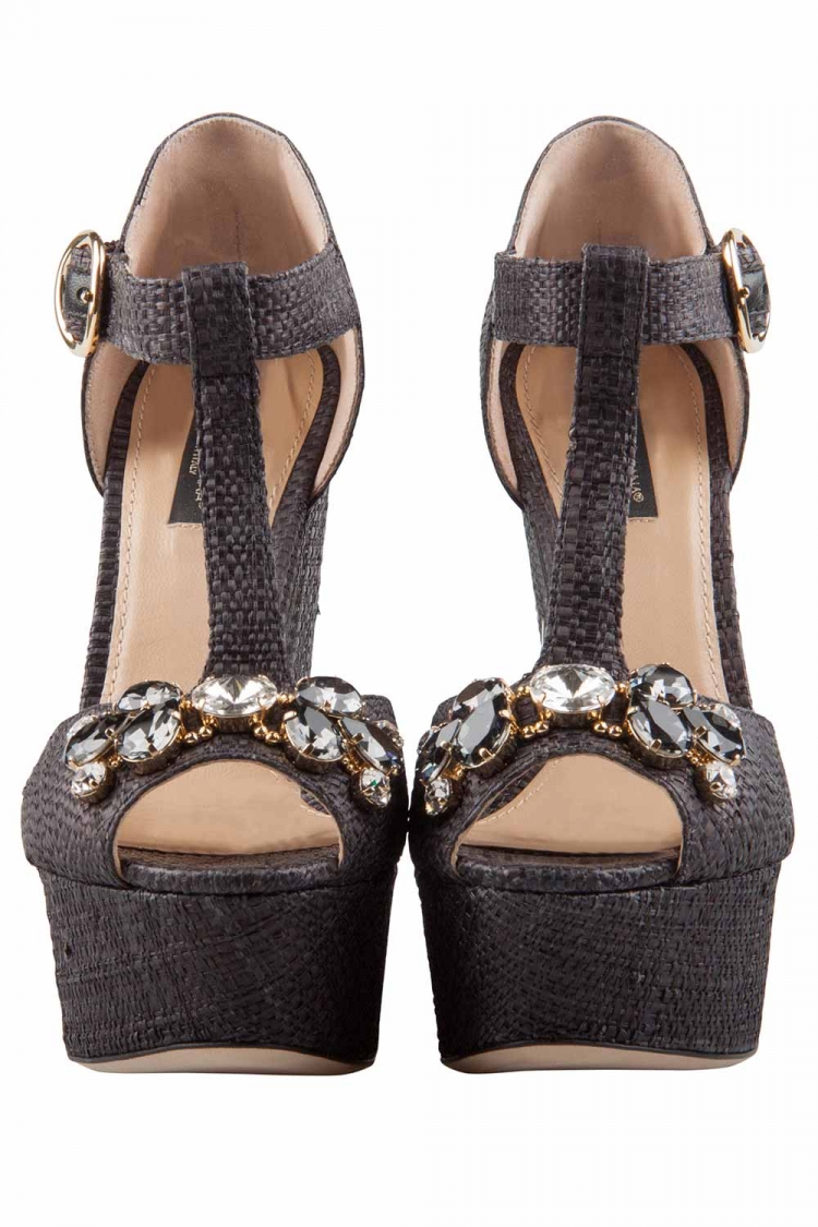 Pre Owned Dolce & Gabbana Black Crystal Embellished Raffia T Strap Wedge Peep Toe Sandals Size 36
