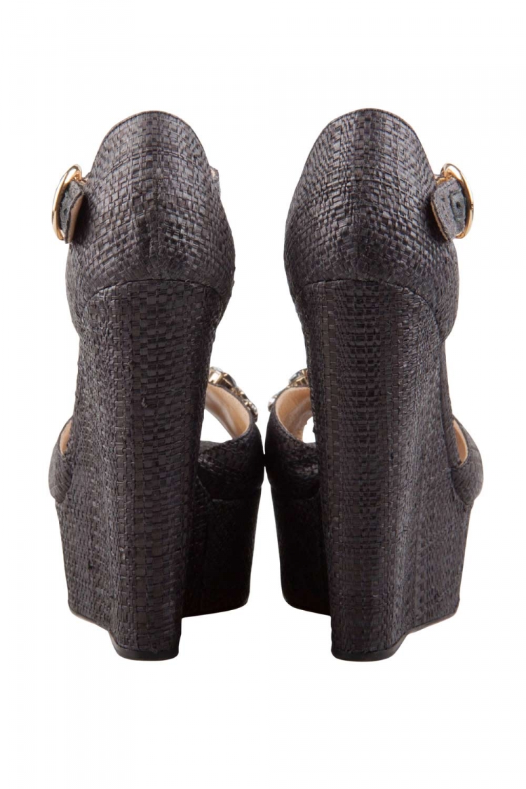 Pre Owned Dolce & Gabbana Black Crystal Embellished Raffia T Strap Wedge Peep Toe Sandals Size 36