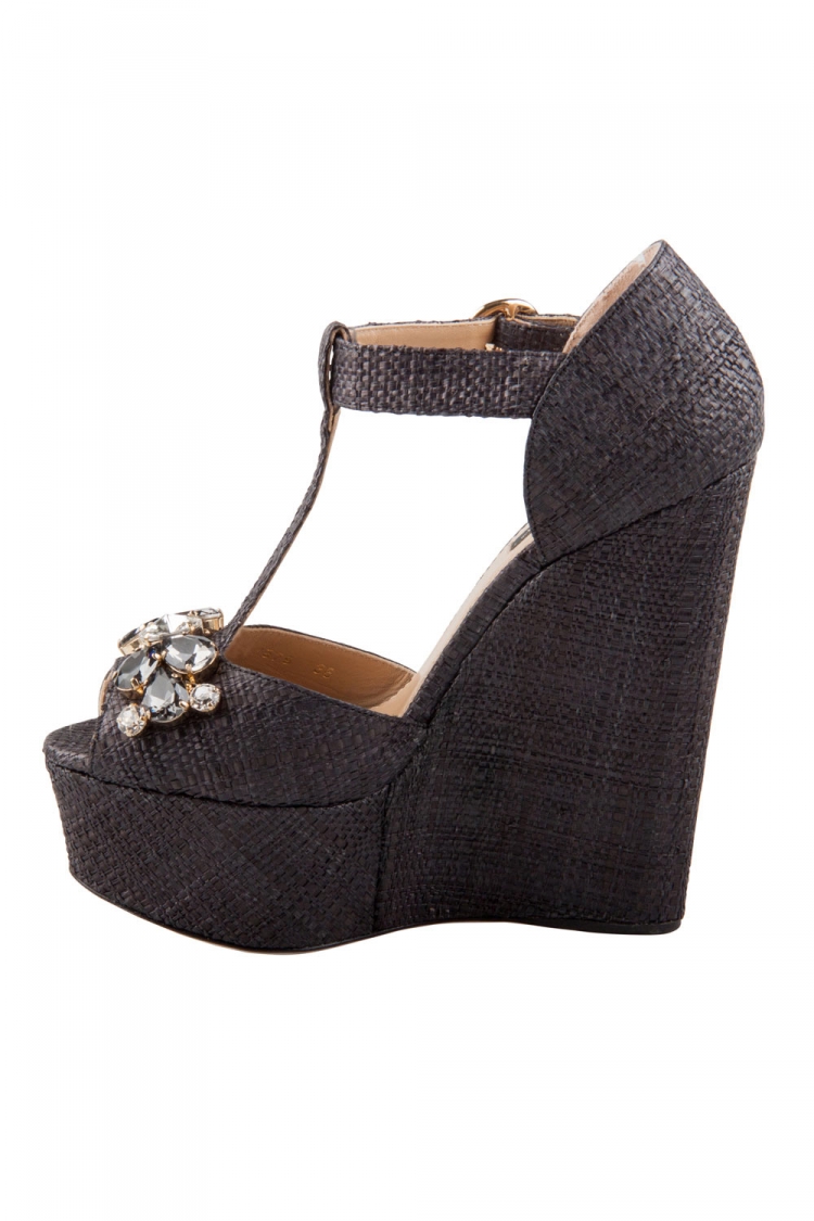 Pre Owned Dolce & Gabbana Black Crystal Embellished Raffia T Strap Wedge Peep Toe Sandals Size 36