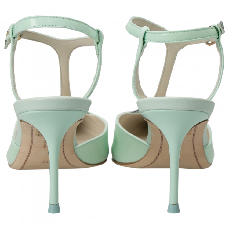 Pre Owned Sophia Webster Green Patent Leather Spearmint T Strap Pointed Toe Sandals Size 37