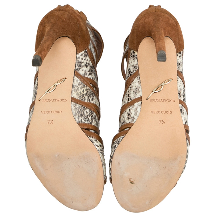 Pre Owned Brain Atwood Brown Suede And Python Leather Lynnden Cage High Ankle Sandals Size 37.5