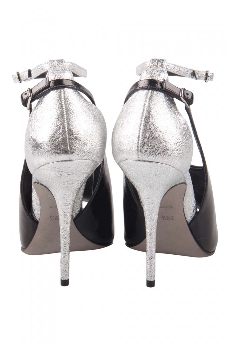 Pre Owned Alexander Wang Metallic Silver And Black Textured Leather Carolyn Ankle Strap Sandals Size 37