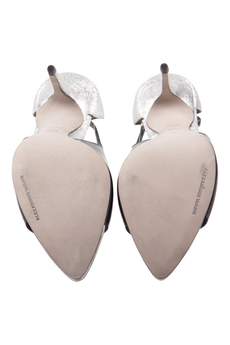 Pre Owned Alexander Wang Metallic Silver And Black Textured Leather Carolyn Ankle Strap Sandals Size 37