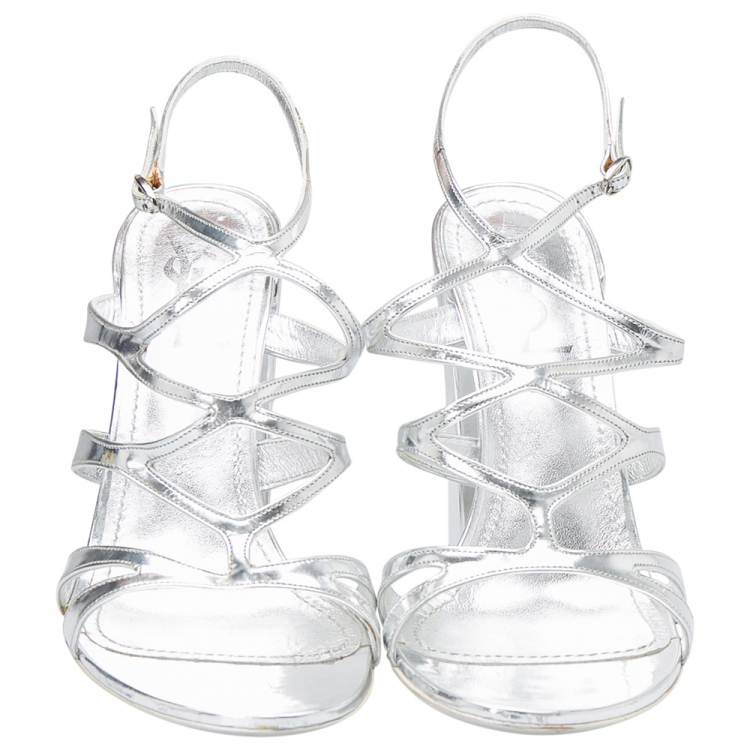 Pre Owned Saint Laurent Paris Silver Patent Leather Strappy Block Heel Sandals Size 38.5
