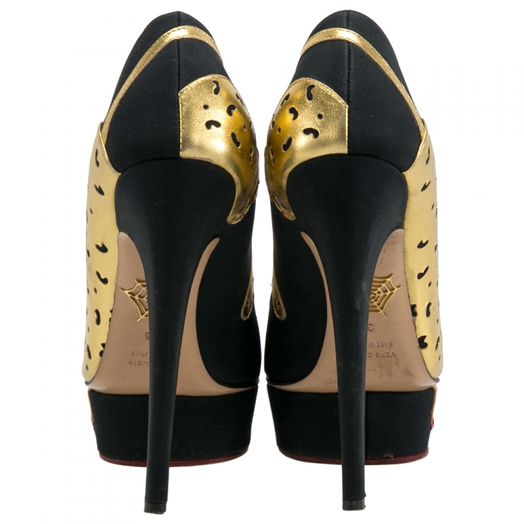 Pre Owned Charlotte Olympia Black/Gold Leather Ninivah Leopard Platform Pumps Size 38