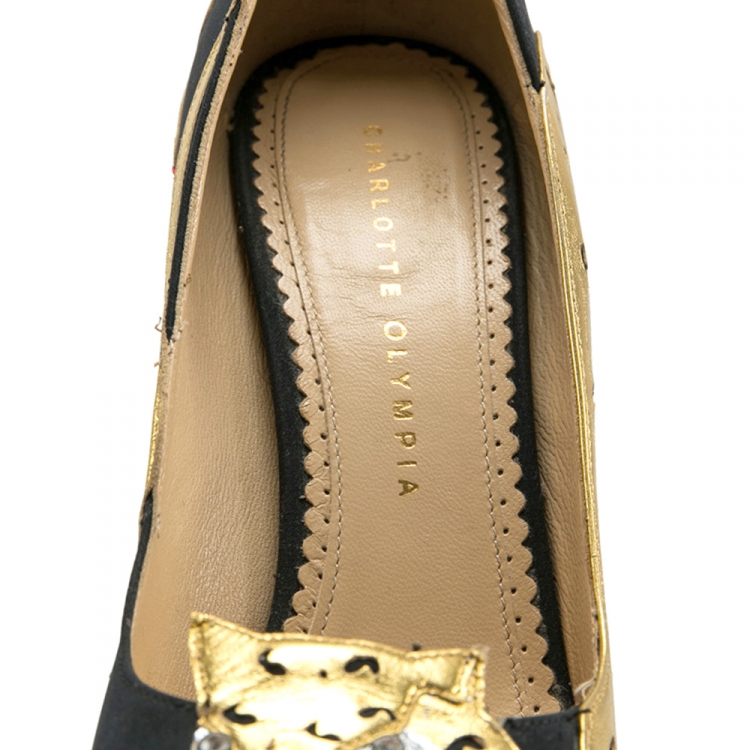 Pre Owned Charlotte Olympia Black/Gold Leather Ninivah Leopard Platform Pumps Size 38