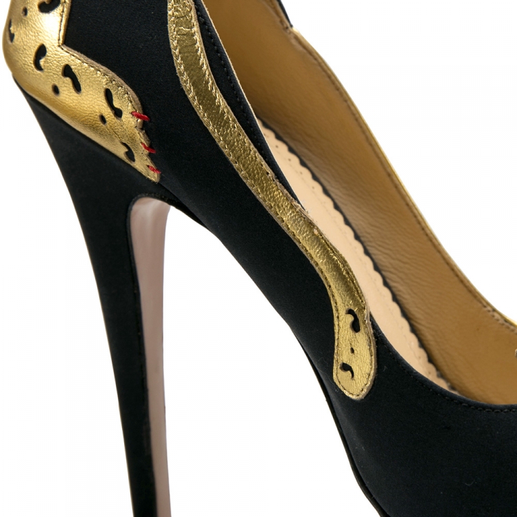 Pre Owned Charlotte Olympia Black/Gold Leather Ninivah Leopard Platform Pumps Size 38