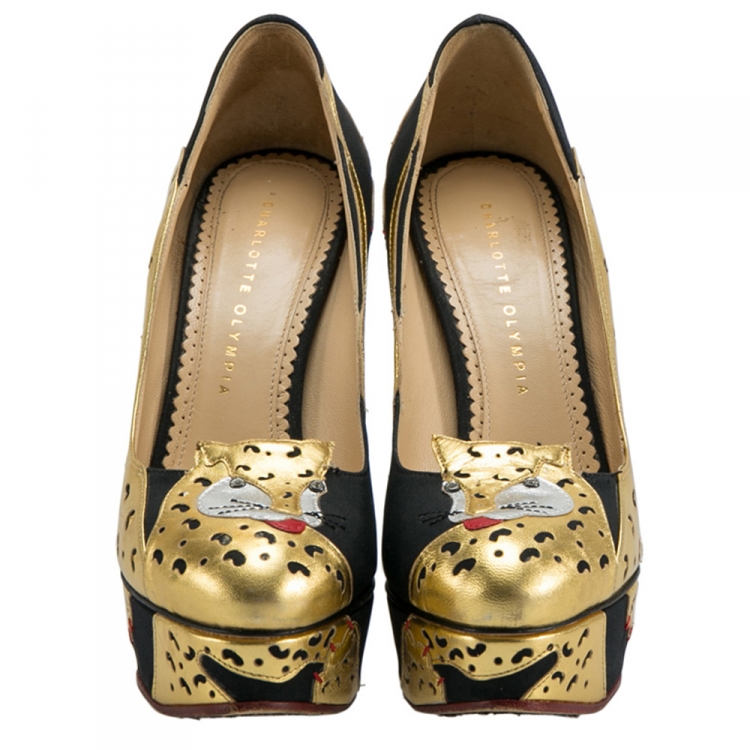 Pre Owned Charlotte Olympia Black/Gold Leather Ninivah Leopard Platform Pumps Size 38