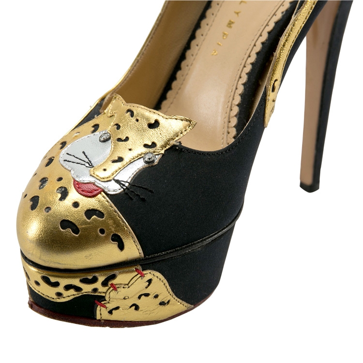 Pre Owned Charlotte Olympia Black/Gold Leather Ninivah Leopard Platform Pumps Size 38