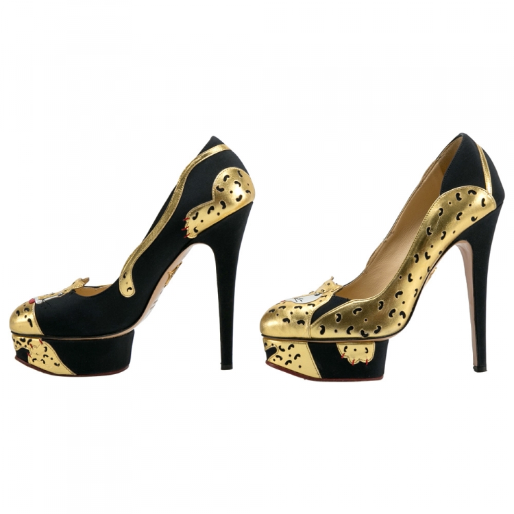 Pre Owned Charlotte Olympia Black/Gold Leather Ninivah Leopard Platform Pumps Size 38