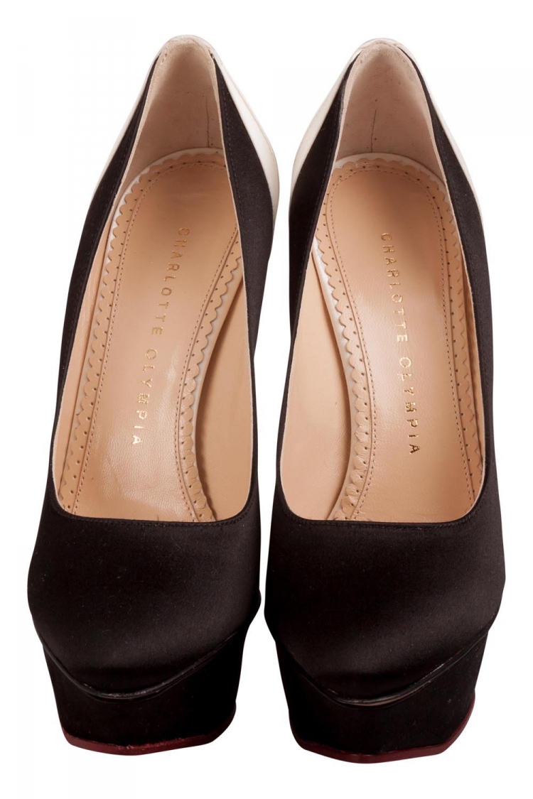 مملوكة مسبقًا Charlotte Olympia Black And Cream Satin Masako Platform Pumps Size 37