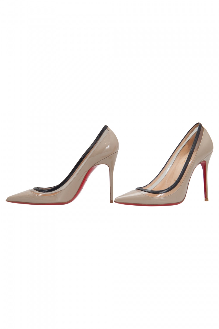Pre Owned Christian Louboutin Beige Patent Leather And PVC Paulina Pointed Toe Pumps Size 36