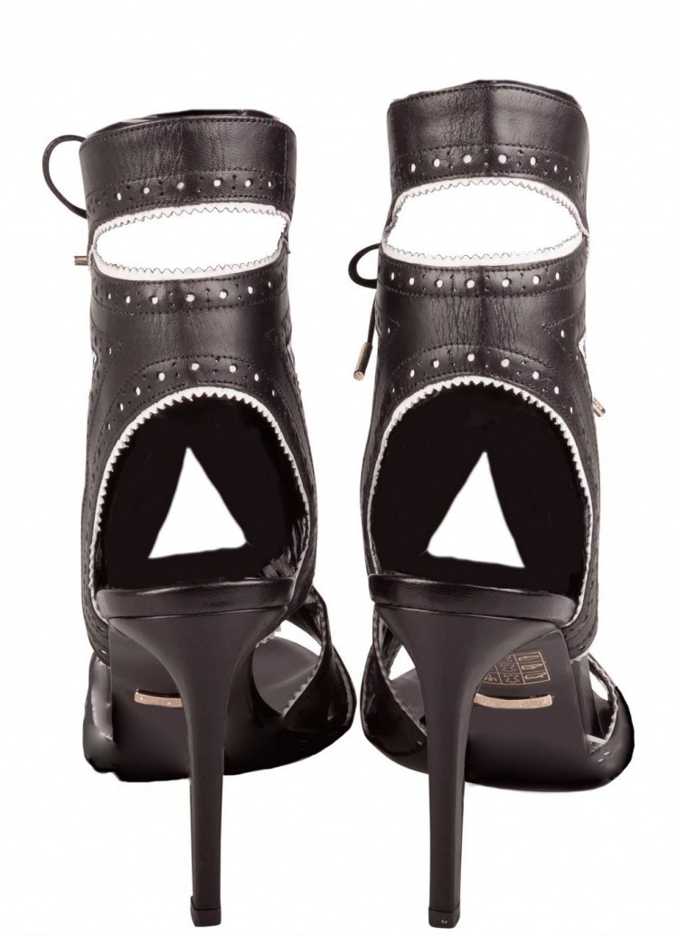 Pre Owned Roberto Cavalli Black And Blue Perforated Leather Lace Up Cut Out Sandals Size 38.5