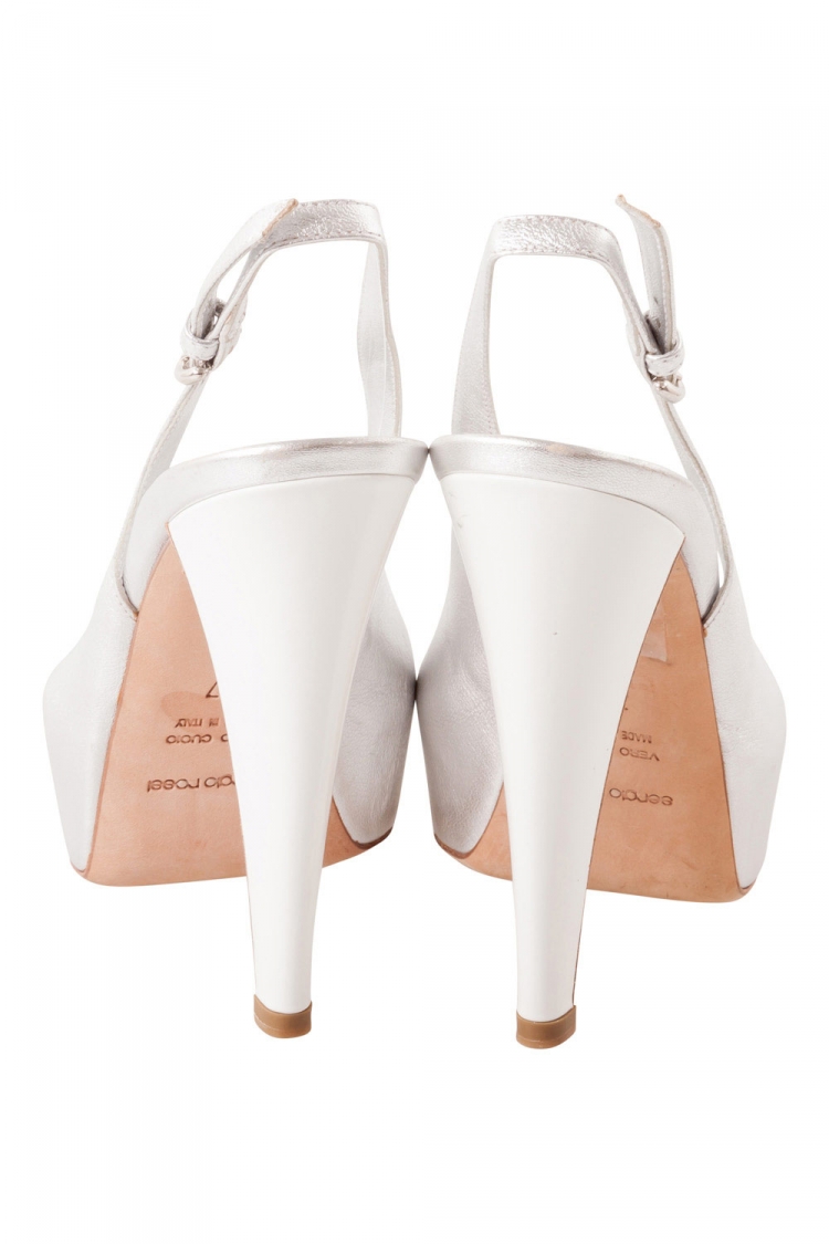 Pre Owned Sergio Rossi Silver Leather Peep Toe Slingback Platform Sandals Size 37