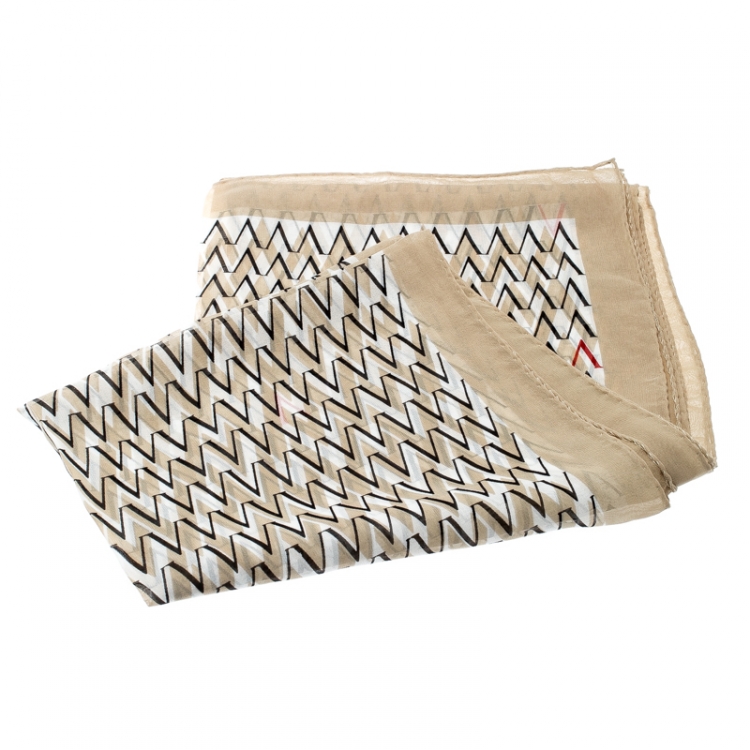 Pre Owned Valentino Beige and White V Logo Print Silk Chiffon Stole  