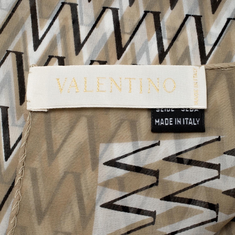 Pre Owned Valentino Beige and White V Logo Print Silk Chiffon Stole  