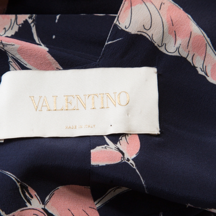Pre Owned Valentino Navy Blue Swallow Print Silk Mini Capelet Dress M