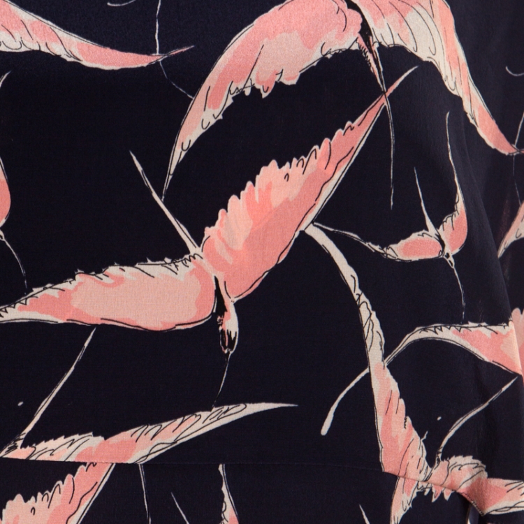Pre Owned Valentino Navy Blue Swallow Print Silk Mini Capelet Dress M