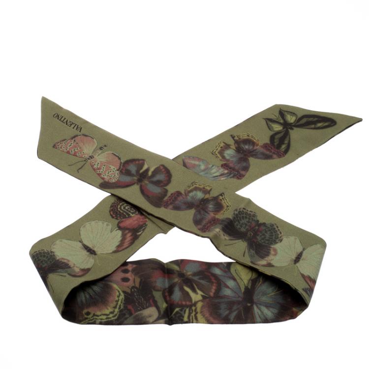 Pre Owned Valentino Olive Green Butterfly Printed Silk Bandeau