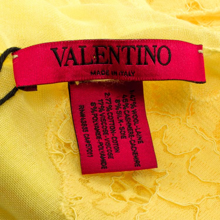 Pre Owned Valentino Yellow Cashmere Blend Scalloped Lace Detail Scarf