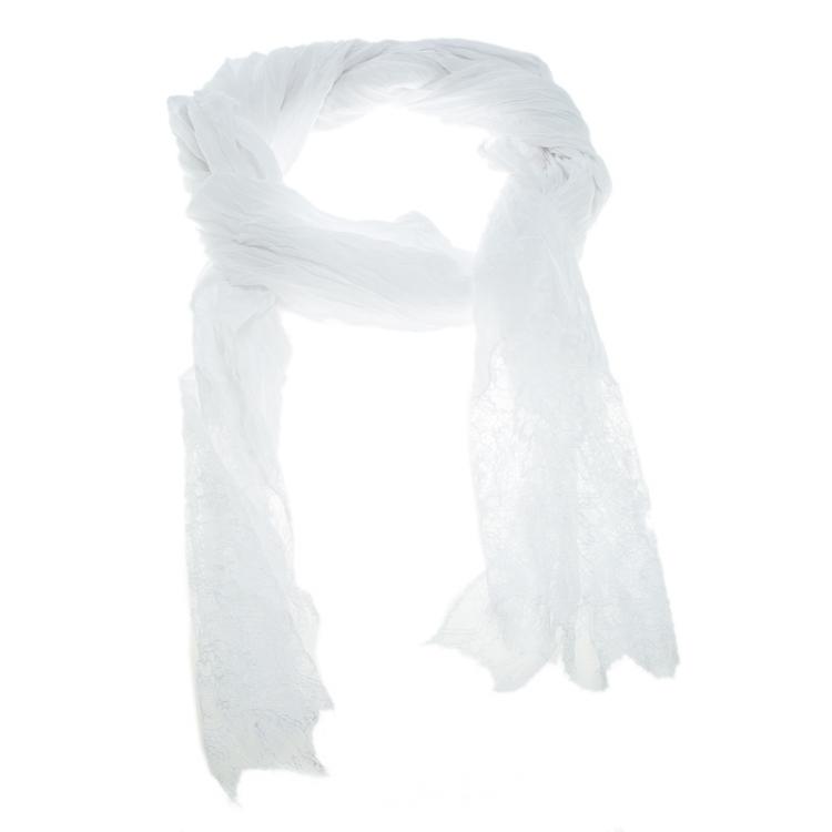 Pre Owned Valentino White Crinkled Cotton Scalloped Lace Detail Scarf