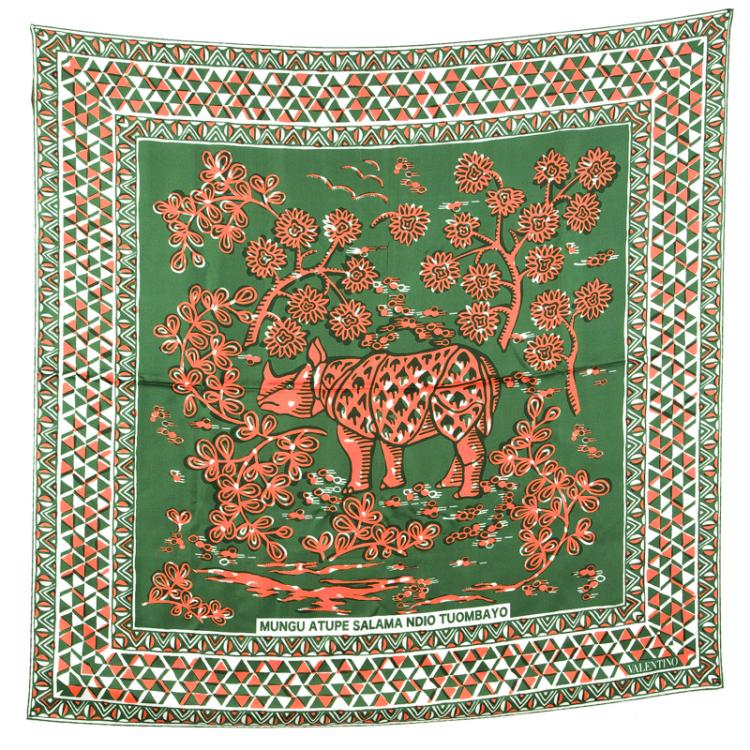 Pre Owned Valentino Green and Orange Rhino Printed Silk Square Scarf