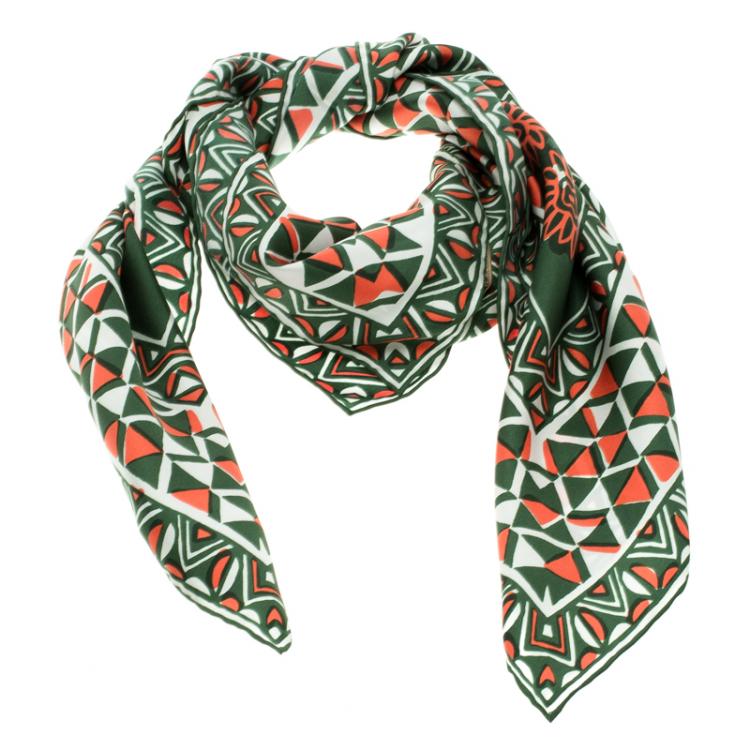 Pre Owned Valentino Green and Orange Rhino Printed Silk Square Scarf