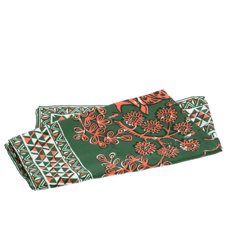 Pre Owned Valentino Green and Orange Rhino Printed Silk Square Scarf