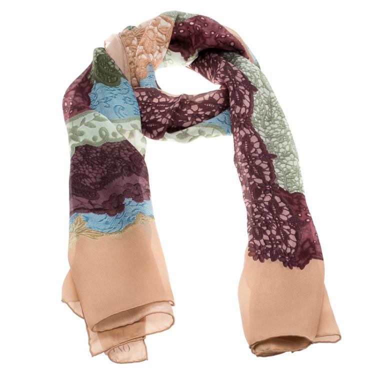 Pre Owned Valentino Multicolor Lace Print Silk Pizzo Patch Stole