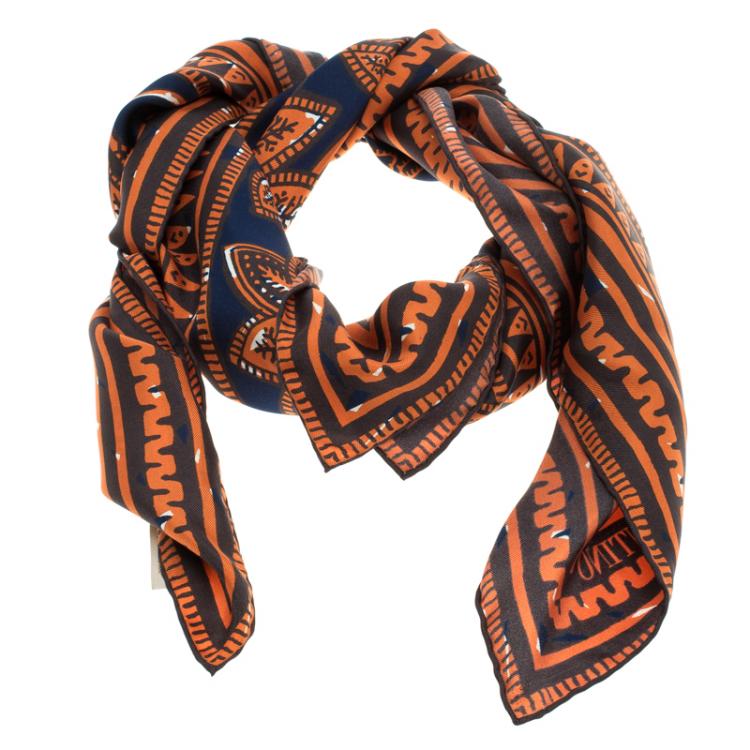 Pre Owned Valentino Tribal Navy Blue and Orange Giraffe Printed Silk Square Scarf
