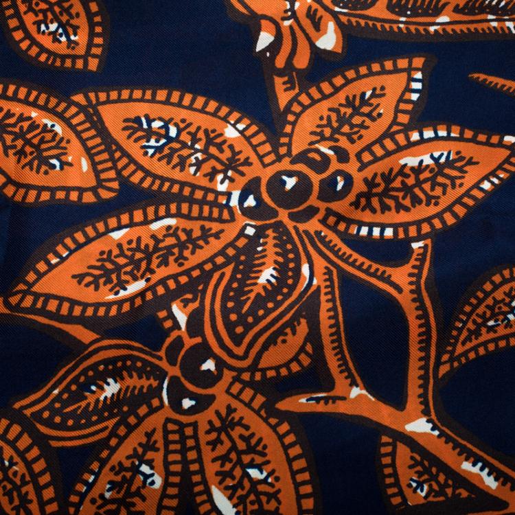 Pre Owned Valentino Tribal Navy Blue and Orange Giraffe Printed Silk Square Scarf
