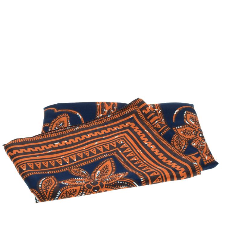 Pre Owned Valentino Tribal Navy Blue and Orange Giraffe Printed Silk Square Scarf