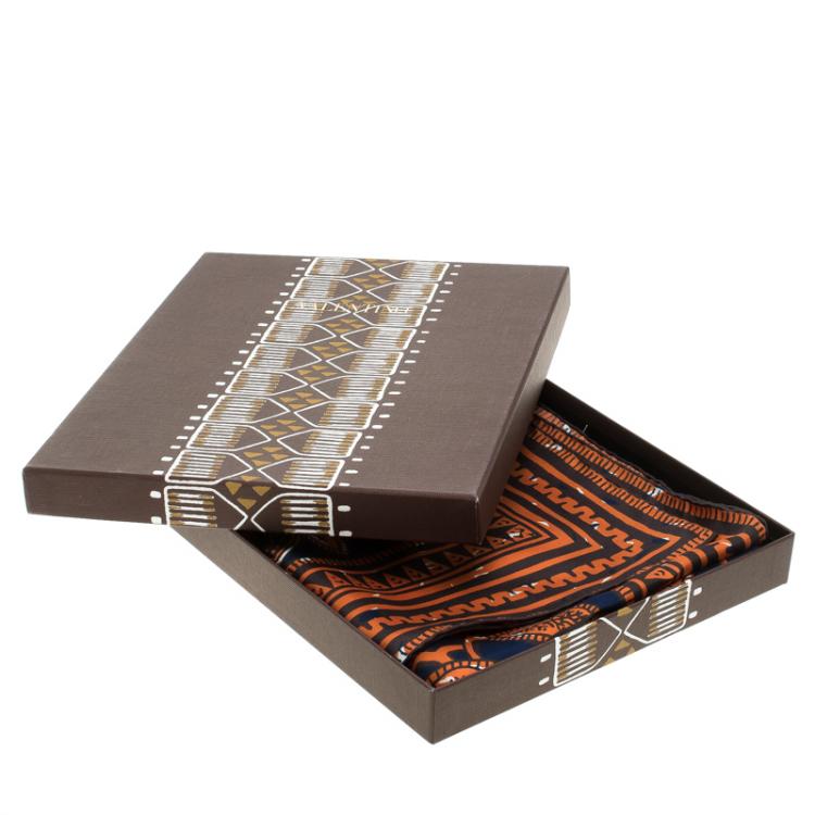 Pre Owned Valentino Tribal Navy Blue and Orange Giraffe Printed Silk Square Scarf