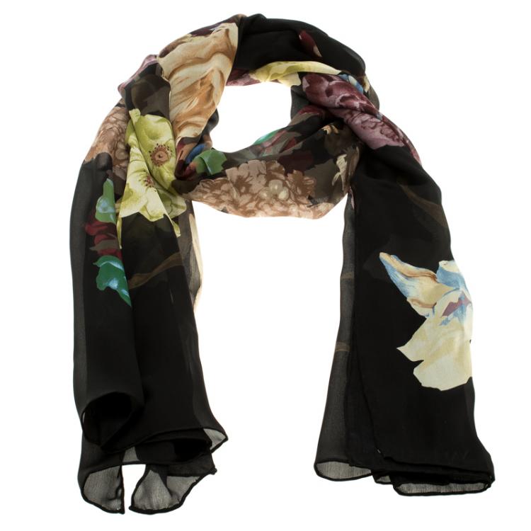 Pre Owned Valentino Black Floral Printed Silk Chiffon Scarf
