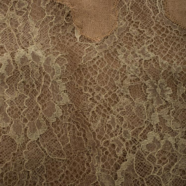Pre Owned Valentino Beige Metallic Scallop Lace Detail Scarf