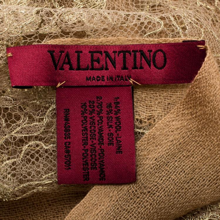 Pre Owned Valentino Beige Metallic Scallop Lace Detail Scarf