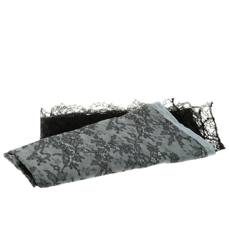 Pre Owned Valentino Grey Lace Printed Modal and Silk Scalloped Lace Detail Scarf