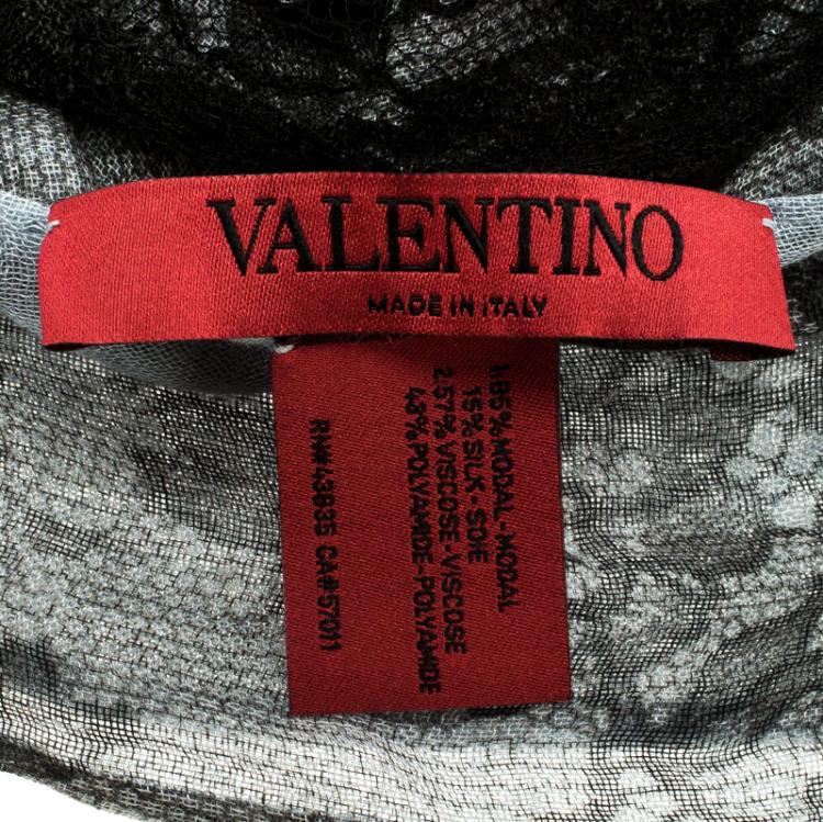 Pre Owned Valentino Grey Lace Printed Modal and Silk Scalloped Lace Detail Scarf