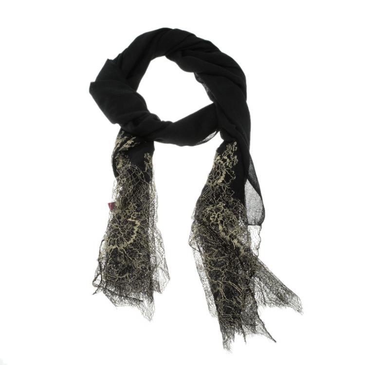 Pre Owned Valentino Black Wool and Silk Scalloped Metallic Lace Edge Scarf
