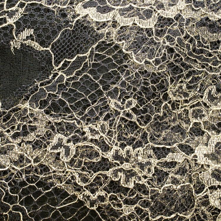 Pre Owned Valentino Black Wool and Silk Scalloped Metallic Lace Edge Scarf