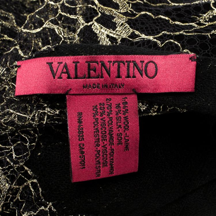 Pre Owned Valentino Black Wool and Silk Scalloped Metallic Lace Edge Scarf