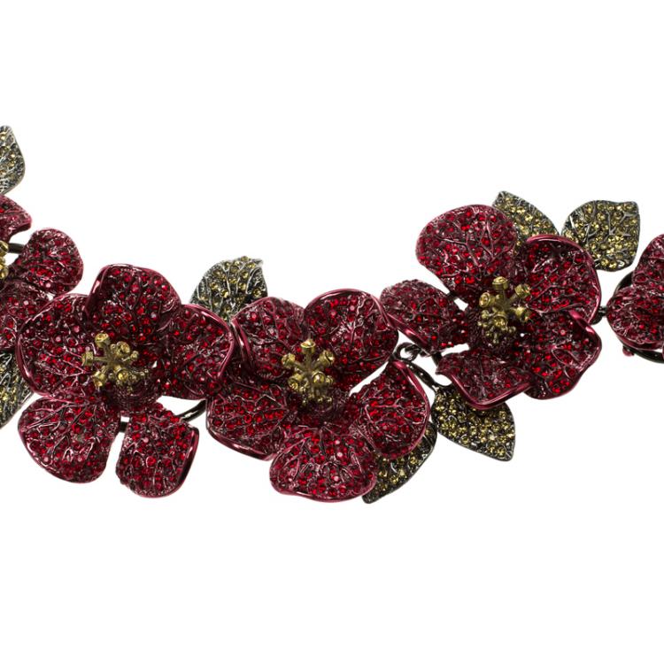 Pre Owned Valentino Hawaiian Couture Multicolor Flower Crystal Embellished Statement Necklace