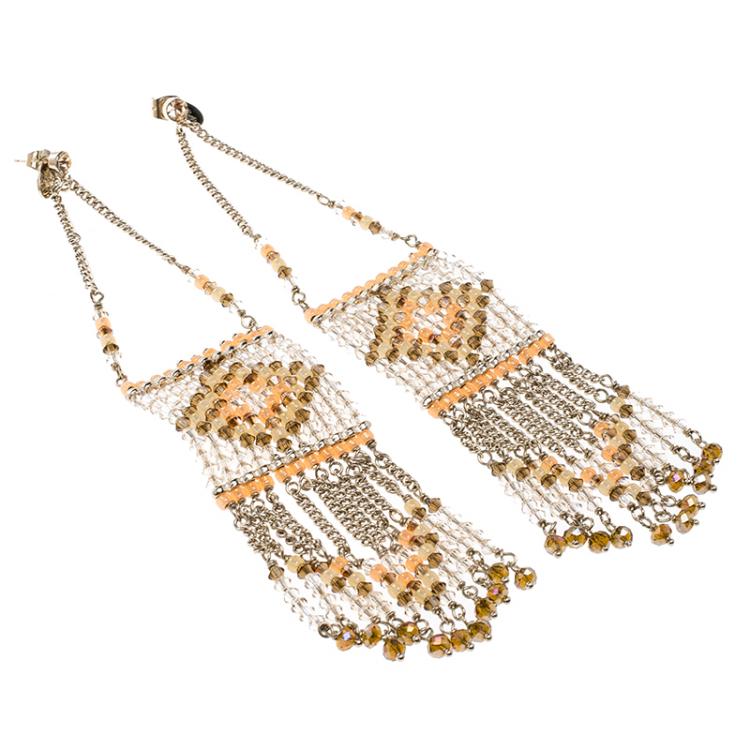 Pre Owned Valentino Multicolor Navajo Beaded Geometric Fringe Gold Tone Long Chain Earrings 
