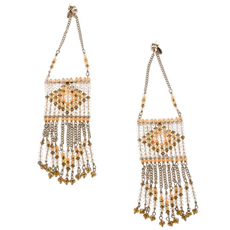 Pre Owned Valentino Multicolor Navajo Beaded Geometric Fringe Gold Tone Long Chain Earrings 