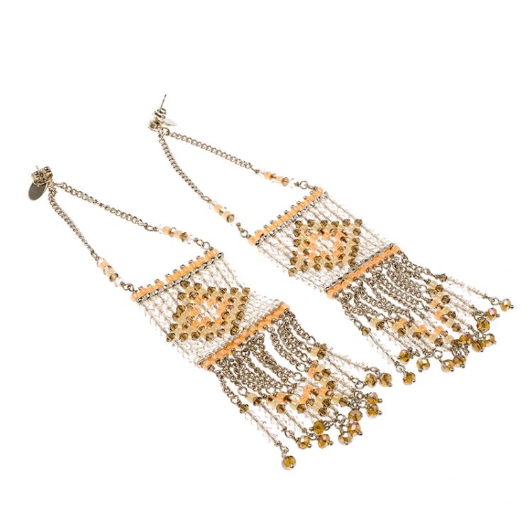 Pre Owned Valentino Multicolor Navajo Beaded Geometric Fringe Gold Tone Long Chain Earrings 